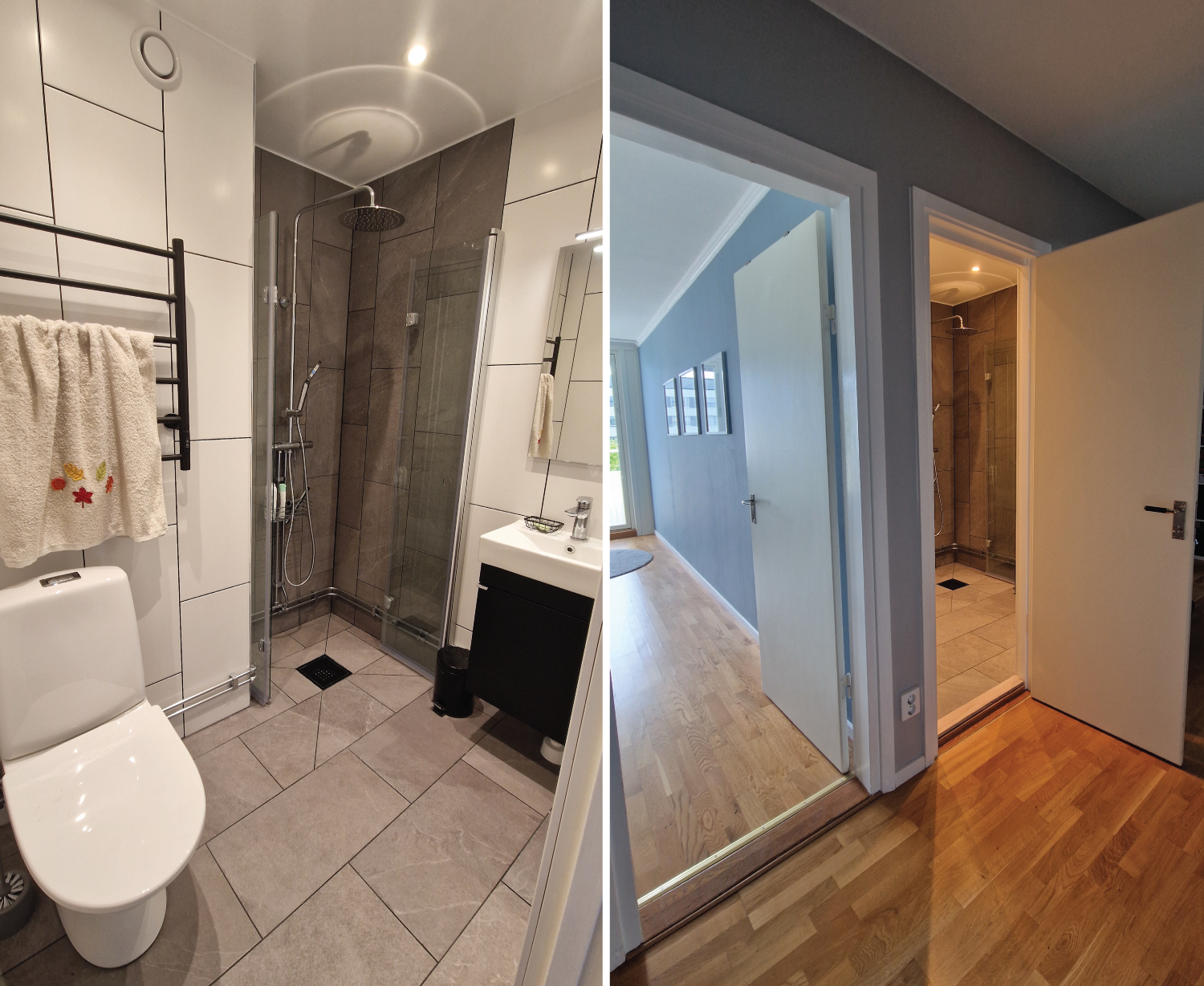 Fully renovated bathroom with grey and white tiles